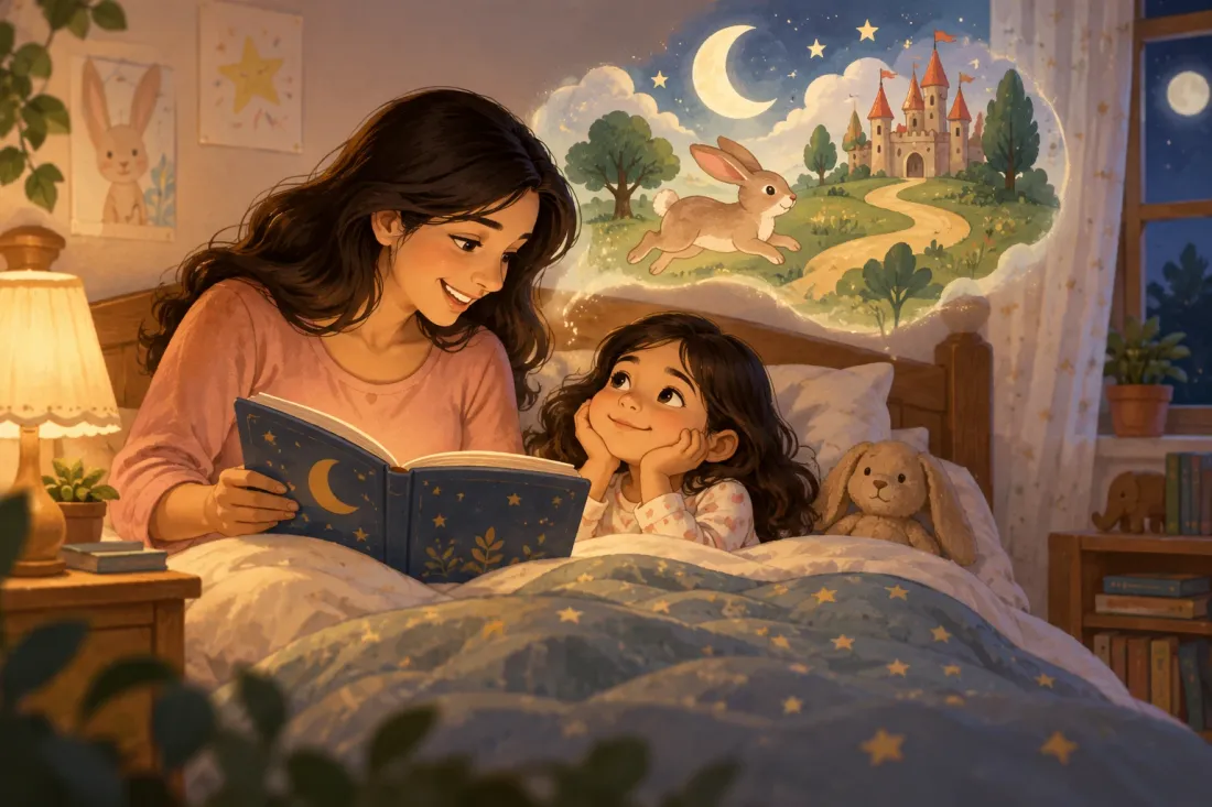 Mother reading a magical bedtime story to her five-year-old child, with a rabbit and a castle drifting above the bed