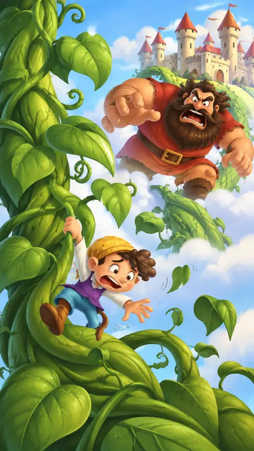 Jack climbing a huge green beanstalk up into the clouds, with his small cottage far below and a giant's house waiting above.