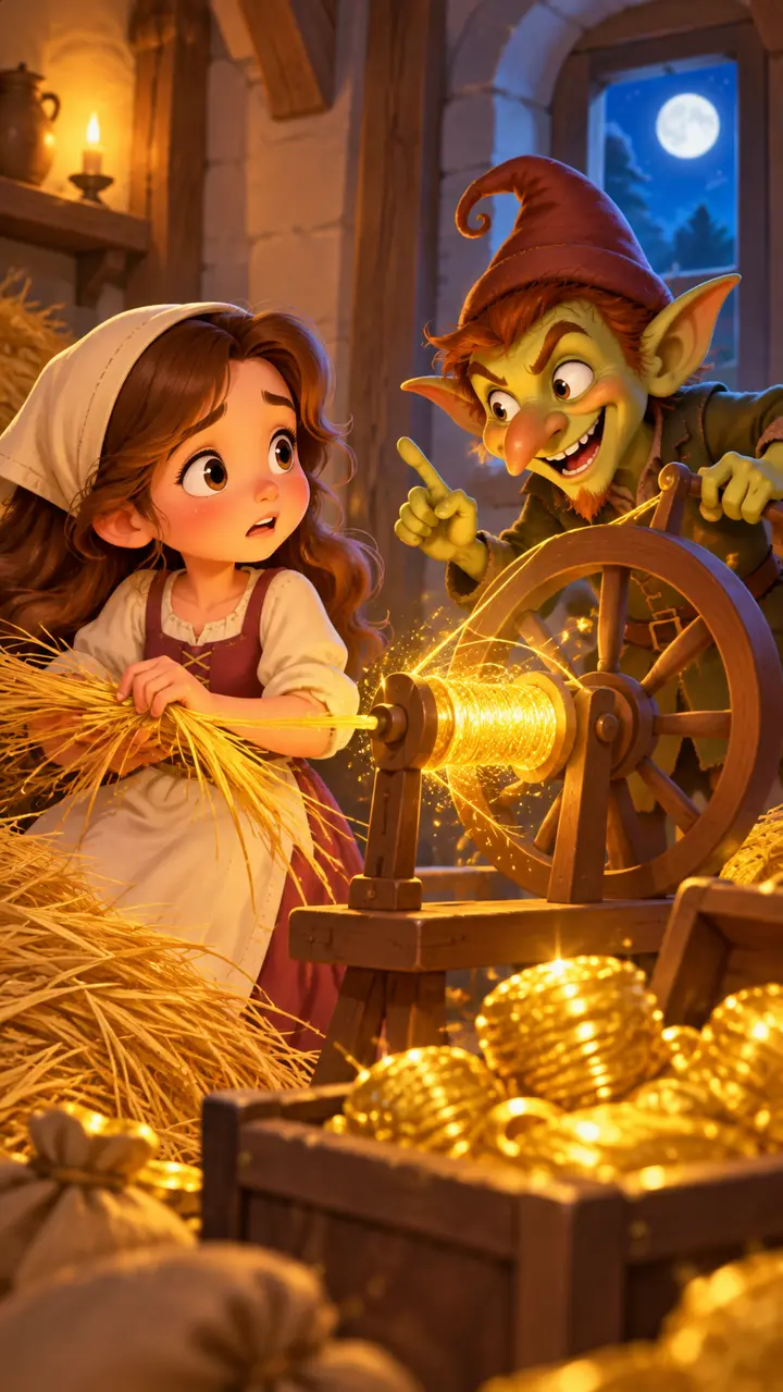 A young queen holding her baby close while a small goblin dances around a fire in a moonlit forest