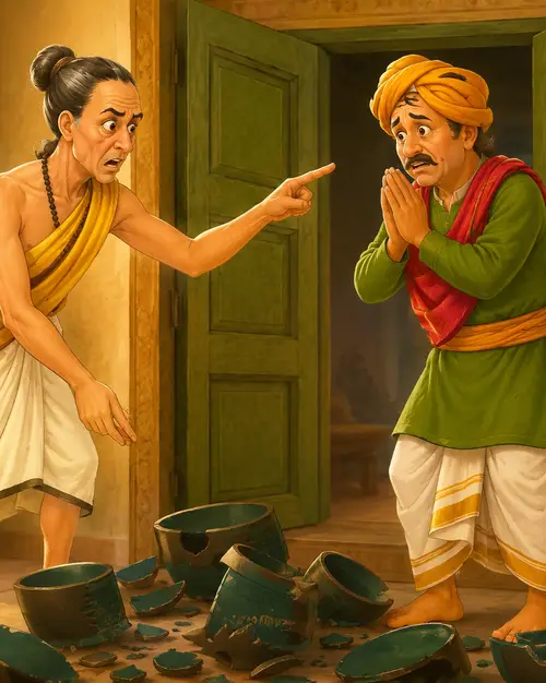 A man points in dismay at his neighbor, who stands with folded hands and a worried face, while broken clay pots lie scattered across the floor between them.