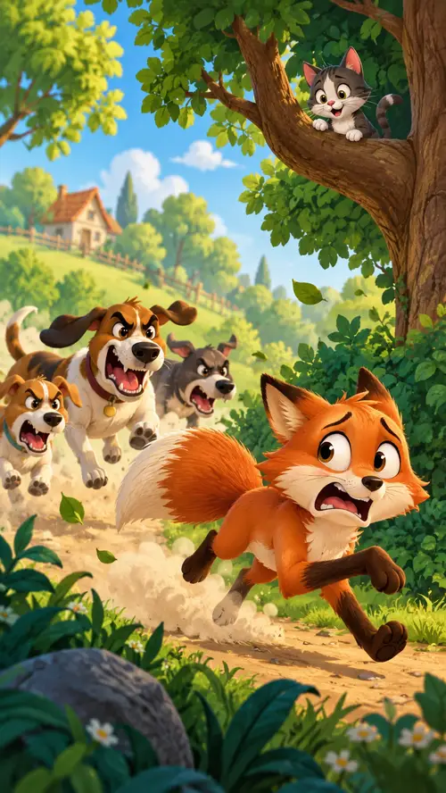 A cat sitting safely on a tree branch in the forest, looking down at a worried fox below as a pack of dogs runs toward them