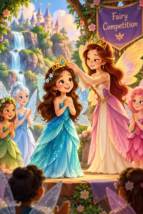 Four fairies with glowing wings stand before the judges in Fairyland while the Water Fairy answers a riddle