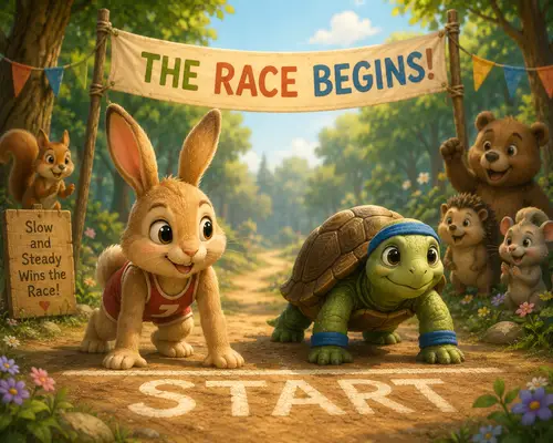 A rabbit and a tortoise at a START line beneath a "The Race Begins" banner, cheered by woodland friends.